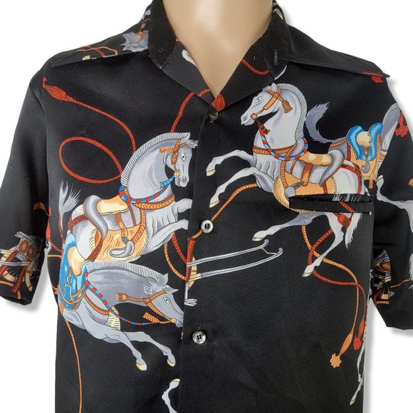 Vintage 80s Tori Richard Asian Horse Cart Hawaiian Button Front Shirt - Picture 2 of 5